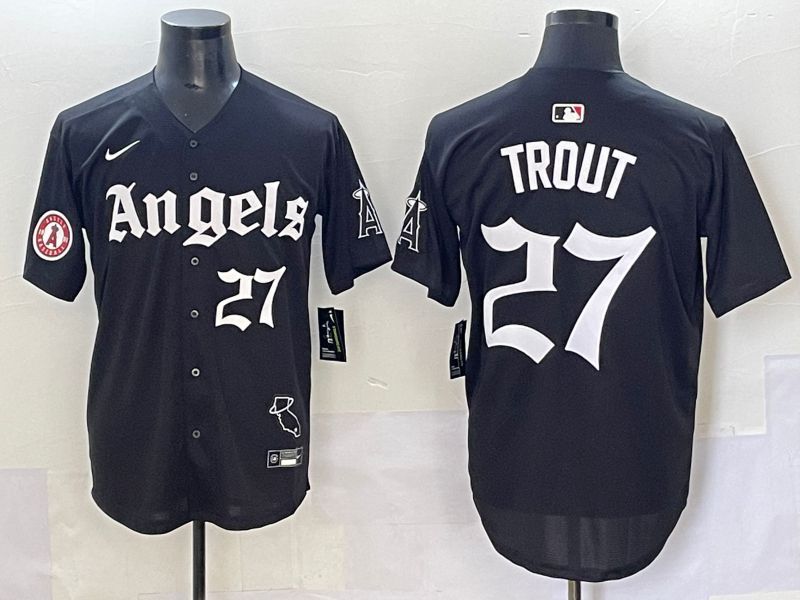 Men 2025 Los Angeles Angels #27 Trout Black Five generations Joint Name Nike MLB Jersey style 14->los angeles angels->MLB Jersey
